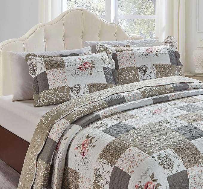 Brilliant Sunshine Pink Roses & Grey Toile Pillowshams Set, 20"x26"+2" | Patchwork Design, Quilted Standard Pillowcases, Washable Scallop Edge Pillow Covers, Pack of 2