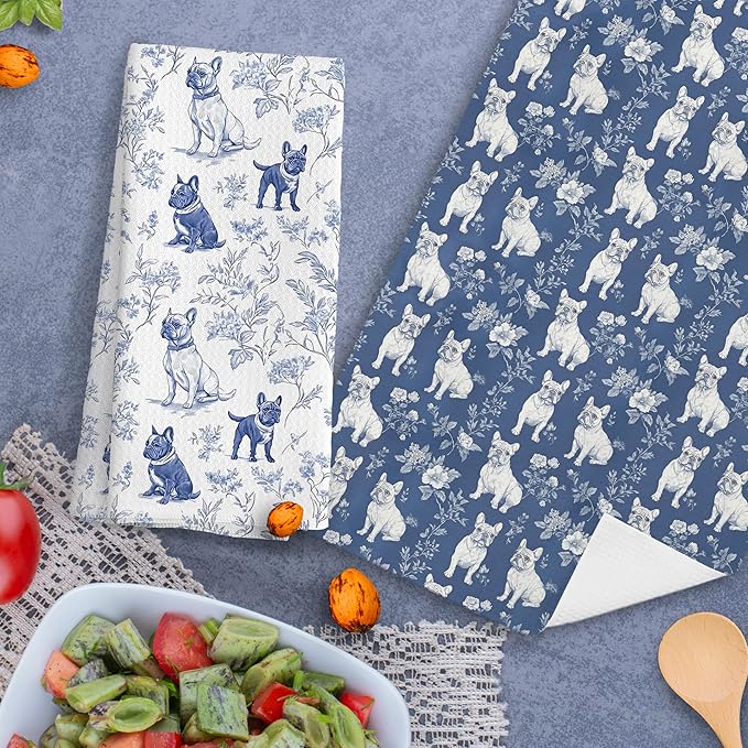 Chinoiserie French Bulldog Kitchen Towels, Blue and White Floral Botanical Grandmillennial Dog Decor Dish Tea Towels, French Bulldog Gifts Hand Towels for Kitchen Bathroom, 16x24 Inch