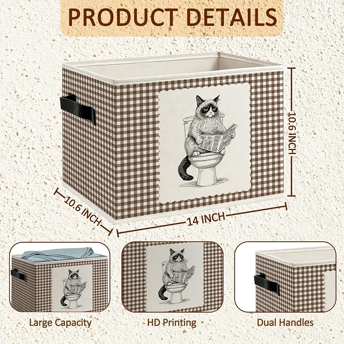 Funny Grumpy Cat Bathroom Foldable Storage Bins Box with Handles, Cat Lovers Gifts for Women Men, Boho Beige Gingham Kitty Decorative Storage Boxes Baskets Organizer for Washroom Bathroom