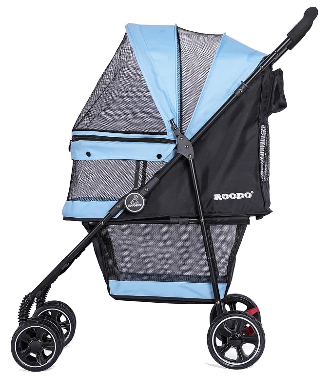 ROODO 4 Wheel Dog Cat Pet Stroller Best Lightweight Foldable Compact Portable Jogger All Terrain Travel Pet Gear Puppy Doggie Bunny Kitty Stroller for up to 30lbs Medium Small Dogs Cats(Sky Blue)