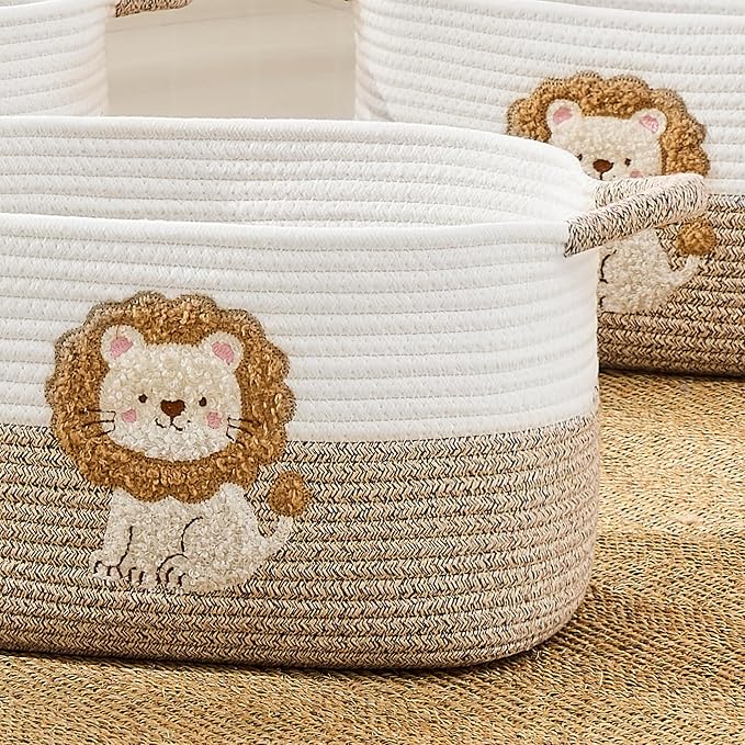 Storage Basket, Woven Baskets for Shelves, Lion | 3 Pack Boho Cotton Rope Storage Baskets, 14" x 9" x 8", Home Organizer for Nursery, Holds Toys, Books & Towels