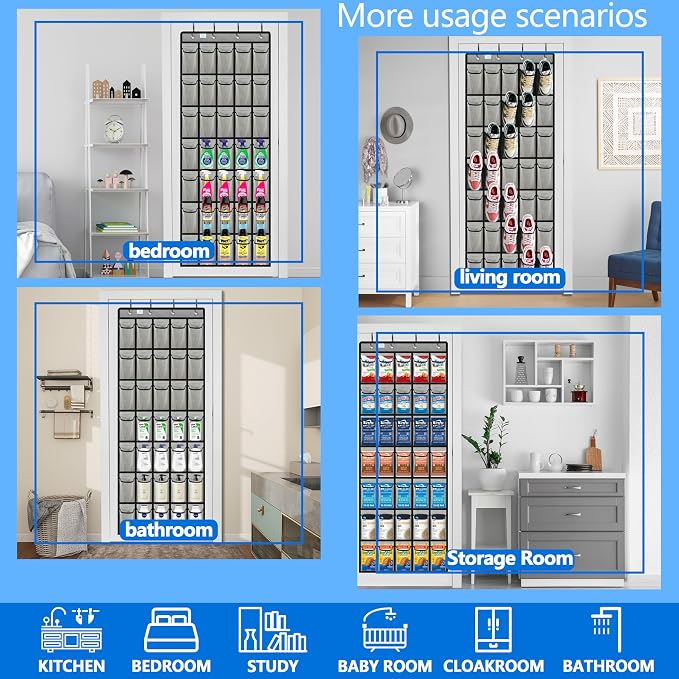 Over the Door Shoe Organizer, 2025 Upgrade 35 Large Pockets for Shoe Storage, Hanging Shoe Holder with Metal Hook, Clear Shoe Rack for Closet Bathroom Door Space Saving - Grey/Black