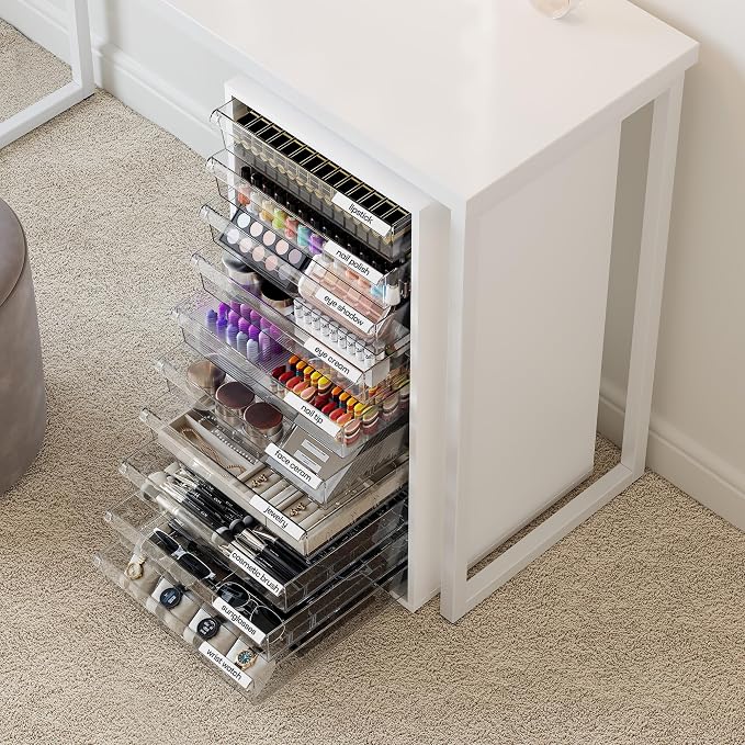 Storage Drawer Cart, Mobile Storage Cabinet, Makeup Storage with 10 Large Clear Drawers, Utility Wooden Rolling Cart on Wheels, for Cosmetic, Art Craft, Office Supplies, Toy, White
