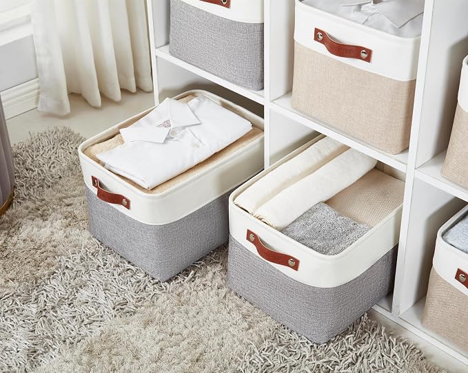DECOMOMO Storage Bins, Large Fabric Storage Baskets for Shelves 3 Pack | 15 x 11 x 9.5 inches Decorative Linen Closet Organizers (Grey & White)