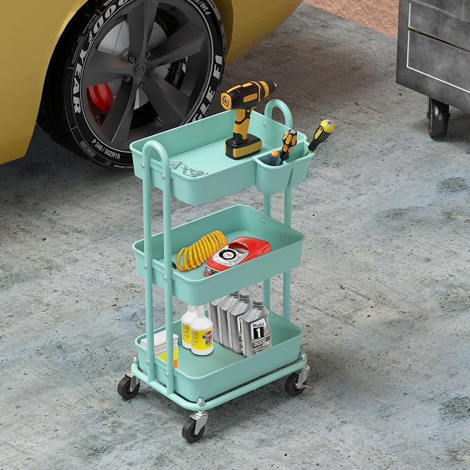 Simple Houseware 3-Tier Rolling Utility Cart with Hanging Bucket, Turquoise | Storage for Bathroom, Kitchen, Office, Study Room, Nursery Diaper