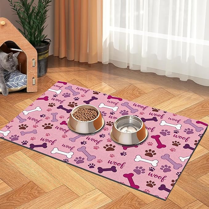 Dog Feeding Mat 24 x 16 Inch, Pink Paw Bone Woof Dog Placemat Absorbent Quick-Dry for Food and Water, Waterproof Non Slip Rubber Pet Bowl Pad Mat for Floors