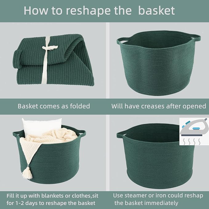 XUANGUO Extra Large Cotton Rope Round Storage Basket 22" x 14" Dark Green | Woven basket for blankets, toys, towels, laundry, nursery, living room and pet toy storage.