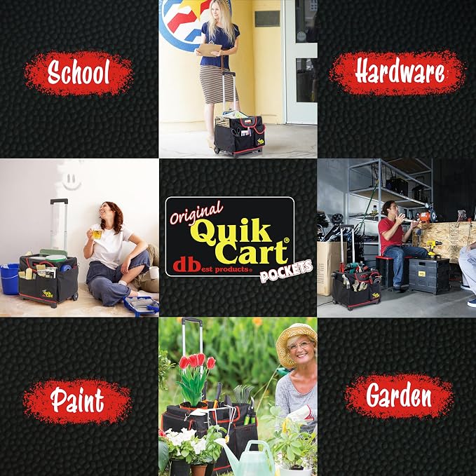 dbest Products Quik Cart Pockets Bundle Sport - 10 Pocket - Black & Red | Rolling Crate with Canvas Organizer Bag, 80 lbs Capacity, Telescoping Handle, Folding Utility Cart