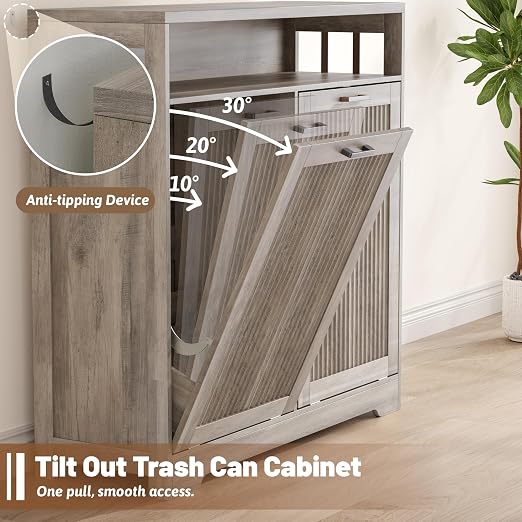 Pet-Proof Double 13 Gallon Tilt Out Trash Can Cabinet with Open Storage – Hide Garbage & Recycling Bins to Keep Your Kitchen Clean and Organized,Wood Grey