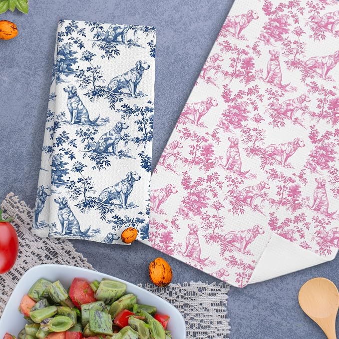 Chinoiserie Golden Retriever Kitchen Towels Set of 2,Pink and Blue Golden Retriever Gifts Decorative Dish Tea Towels,Grandmillennial Botanical Dog Hand Towels for Kitchen Bathroom,16x24 Inch