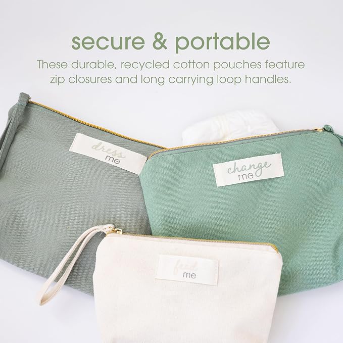 Pearhead Baby Diaper Bag Organizing Zipper Pouches, Set of 3 | Feed Me Change Me Dress Me, Recycled Cotton, Gender-Neutral New Mom Essentials, Zip Bags, Organized in Style