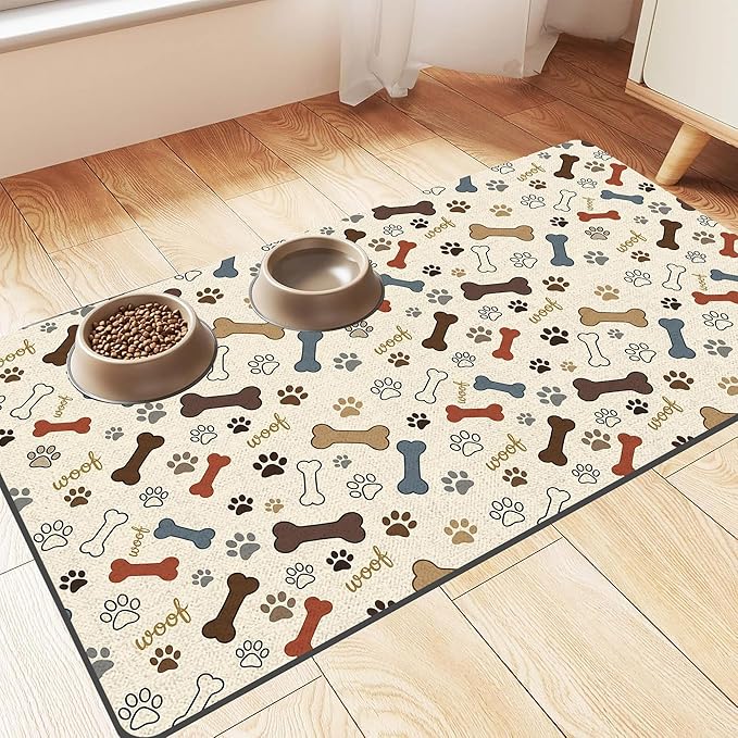 Dog Feeding Mat 30 x 17 Inch, Neutral Paw Bone Woof Dog Placemat Absorbent Quick-Dry for Food and Water, Waterproof Non Slip Rubber Pet Bowl Pad Mat for Floors