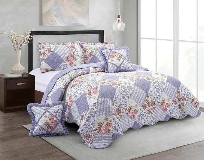 Brilliant Sunshine Rose Violet Ruffle Pillowshams Set, 18"x18" | Patchwork Design with Ruffles, Quilted Pillow Covers, Washable Throw Cushion Cases for Couchs and Beds, Pack of 2