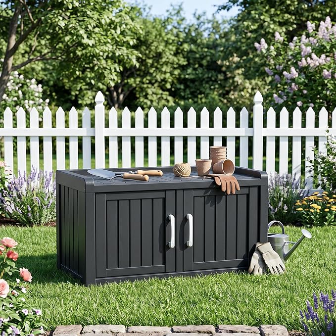 ROJIK Shoe Cabinet Waterproof UV-Resistant,Storage Bench Indoor Outdoor with Adjustable Shelves,for Entryway Bedroom,Hallway,Living Room(Double Door, Deep Black)