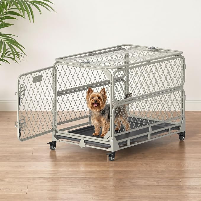 30 Inch Collapsible Dog Crate for Small Dogs, Foldable Metal Dog Kennel with Reinforced Diamond Wire Mesh, Escape Proof Foldable Dog Cage, Leak-Proof Removable Tray, Double Secure Door Latch