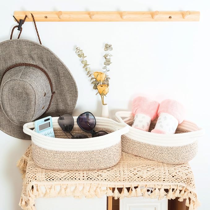 5-Piece Small Decorative Woven Storage Baskets Set for Shelves, Bathroom, Pantry and Nightstand Organizer, Catch All Tray for Organizing Gifts, Dog and Cat Toys, Light Brown