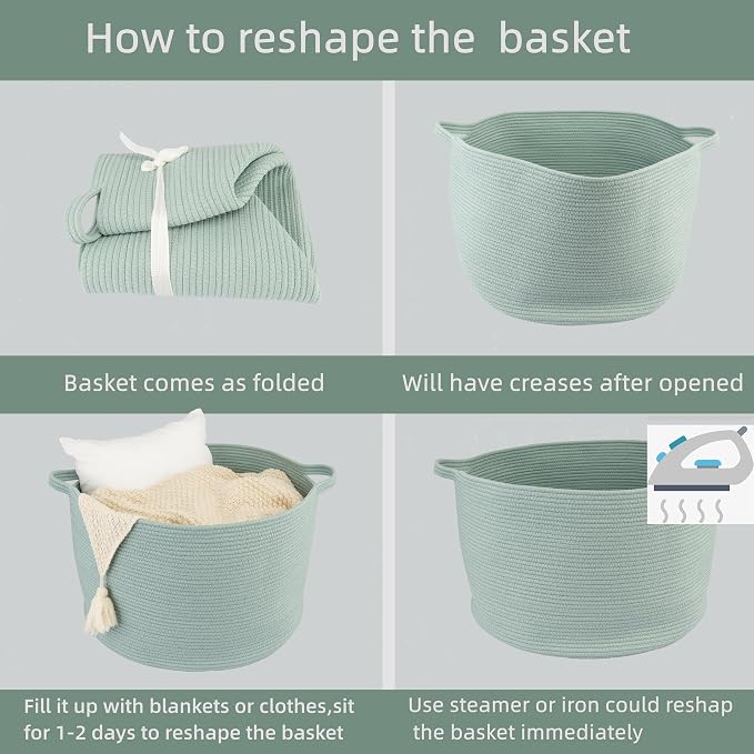 XUANGUO Extra Large Cotton Rope Round Storage Basket 22" x 14" Light Green | Woven basket for blankets, toys, towels, laundry, nursery, living room and pet toy storage.