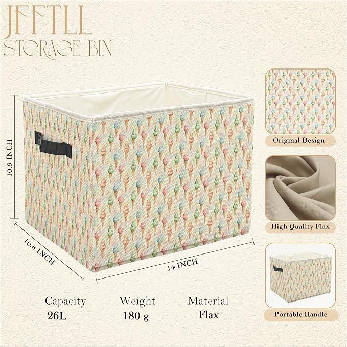 Ice Cream Storage Bins with Handles, Ice Creams Lovers Gifts, Colorful Ice-Cream Cone Collapsible Laundry Basket Storage Box for Home Bedroom Bathroom Clothes Toys Books