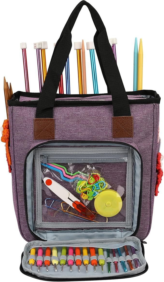 Yarn Knitting Storage Tote-Large Capacity Crochet Organizer Portable Travel Bag with Shoulder Strap Crochet Hooks Case for Unfinished Bulk Project Purple