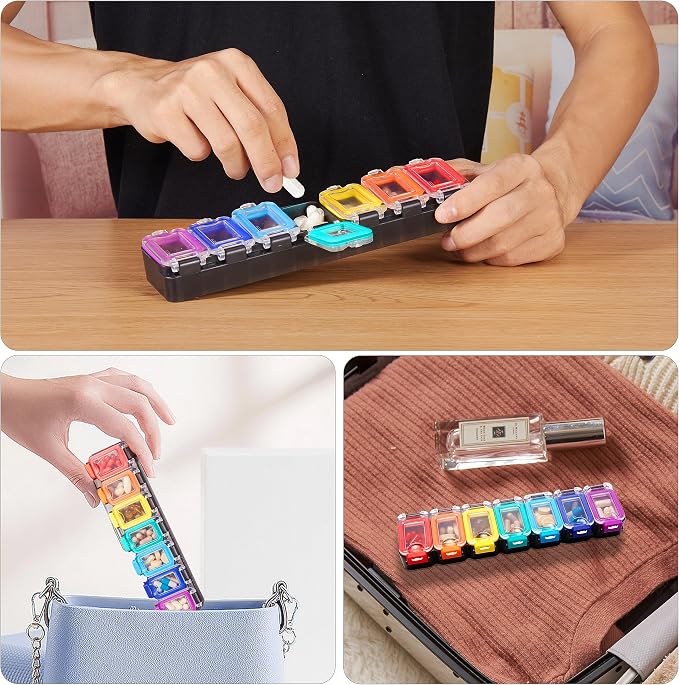 Fullicon Moisture Proof Pill Organizer 7 Day, Pill Box, Rainbow Black | Each Compartment Holds Up to 40 Small or 15 Large Capsules, 10 Tablets, or 9 Fish Oils, Spill Proof, Color Coded, BPA Free