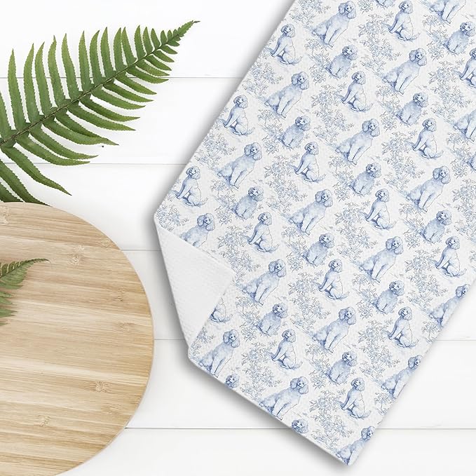 Chinoiserie Poodle Decor Kitchen Towels, Blue and White Botanical Grandmillennial Dog Decorative Dish Tea Towels,Poodle Gifts for Kitchen Bathroom Decor, 16x24 Inch