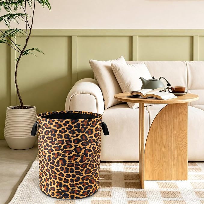 Brown Leopard Laundry Basket Foldable Waterproof Hamper 18.9 x 16.5 Inch | Oxford Cloth With Reinforced Handles Lining Design Large-Capacity Storage For Bathrooms/Laundry Rooms/ Living Rooms/Bedrooms