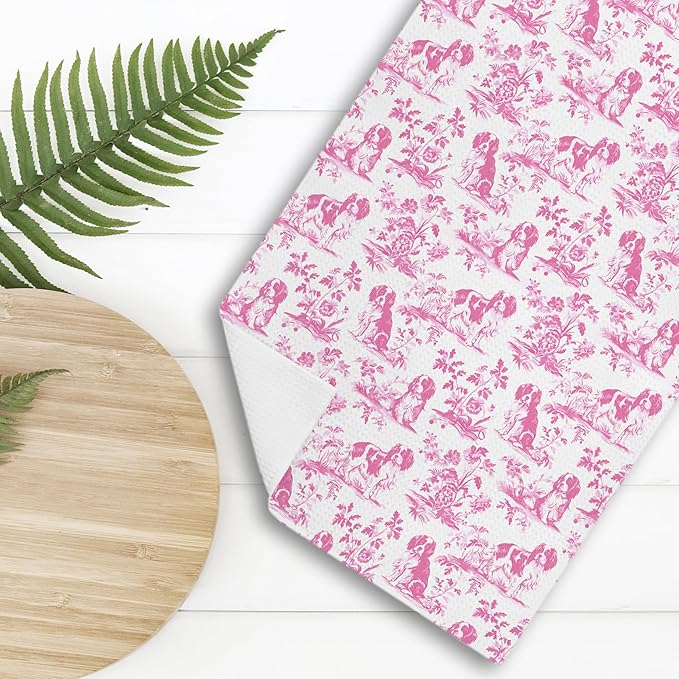 Pink Chinoiserie Cavalier King Charles Spaniel Kitchen Towels,Cavalier King Charles Spaniel Gifts,Grandmillennial Botanical Dog Hand Towels for Kitchen Bathroom, 16x24 Inch