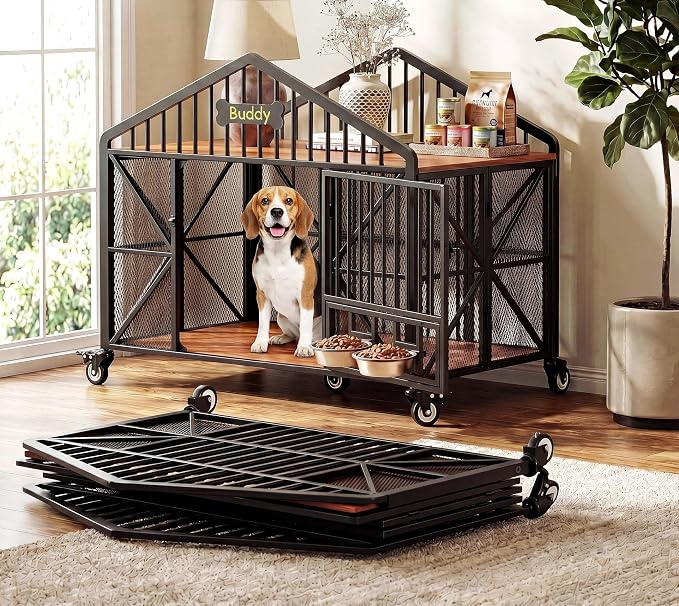 IRONCK 41.5" Foldable Dog Crate Furniture with 5 Wheels & Rotating Bowls | No assembly. 5-wheel base. 2 rotating bowls. For medium Dogs. 41.5"L x 24.8"W x 35.1"H. Rustic Brown finish.