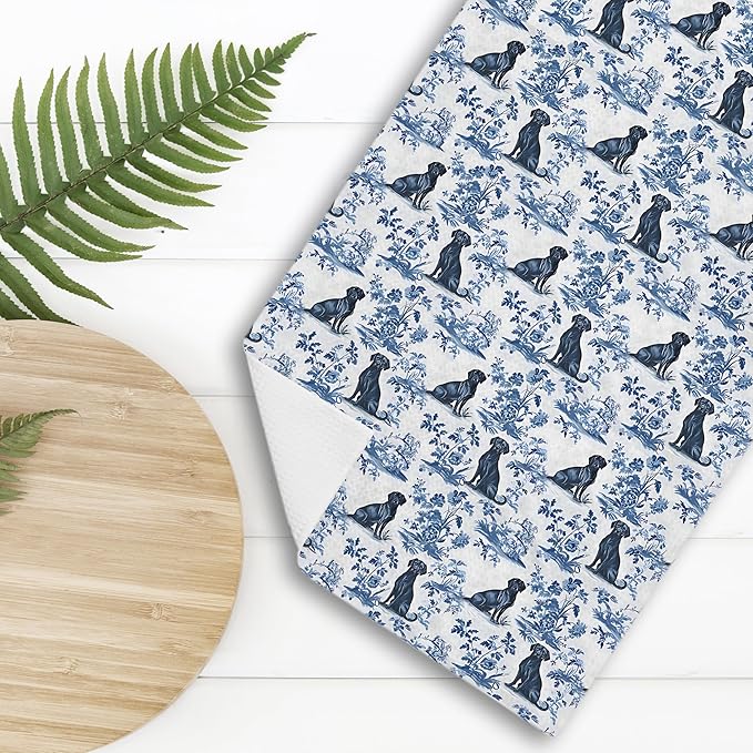 Chinoiserie Labrador Retriever Kitchen Towels, Blue and White Botanical Grandmillennial Dog Decorative Dish Tea Towels, Labrador Retriever Gifts for Kitchen Bathroom Decor, 16x24 Inch