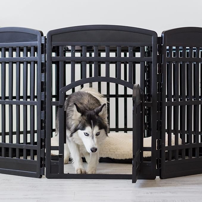 IRIS USA 8-Panel Dog Playpen, Pet Enclosure, Black | Pet Containment, Multi-Shape Setup, Flexible Boundary, Custom Pen Configuration, Tool-Free Assembly, Secure Door Latch