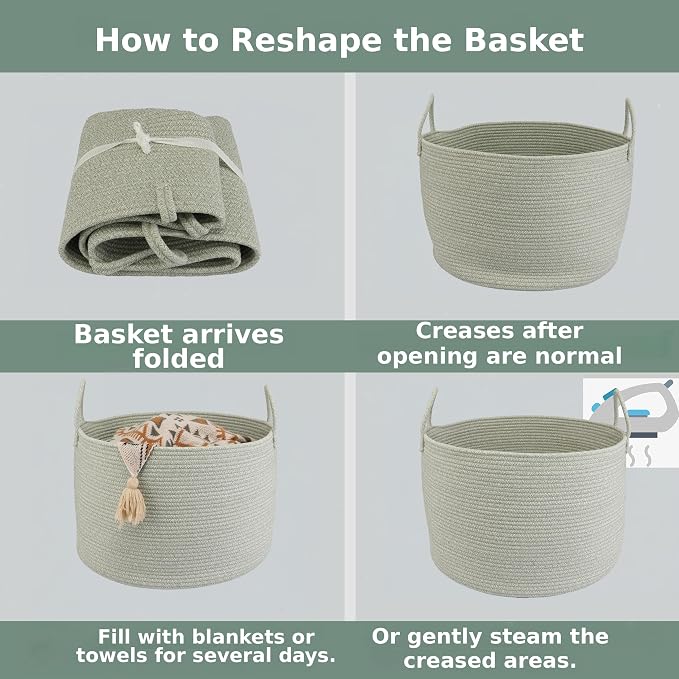 XUANGUO 66L Large Blanket Basket, Round Cotton Rope Basket, Light Green | 20" x 13" Laundry Basket with Sturdy Handles for Blankets, Pillows and Toys; Storage for Living Room, Bedroom and Nursery