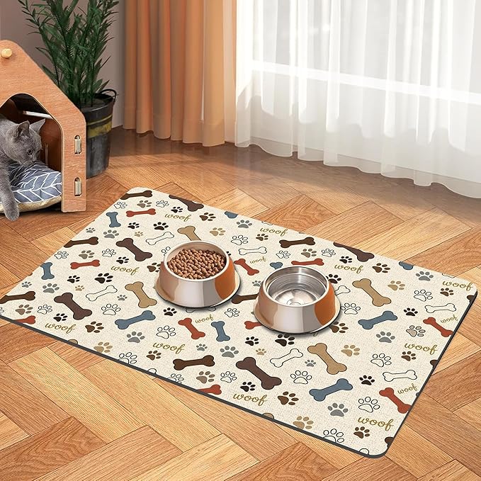 Dog Feeding Mat 24 x 16 Inch, Neutral Paw Bone Woof Dog Placemat Absorbent Quick-Dry for Food and Water, Waterproof Non Slip Rubber Pet Bowl Pad Mat for Floors