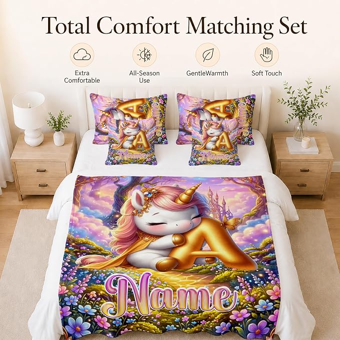 Unicorn Blanket for Girls with Custom Initial Name, Personalized Kids Throw | Lightweight Flannel Throw, Living Room Couch Decor, Gift for Unicorn Lover