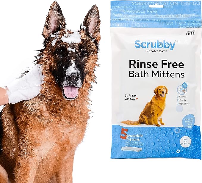 Scrubby Pet No Rinse Pet Wipes | Rinse Free Shampoo Mittens | Dogs & Cats | Bath Wipes - Bathing & Washing Pets, Hypoallergenic | No Rinse Wash Mitt | Grooming, Lather Wipe Dry - Pack of 10