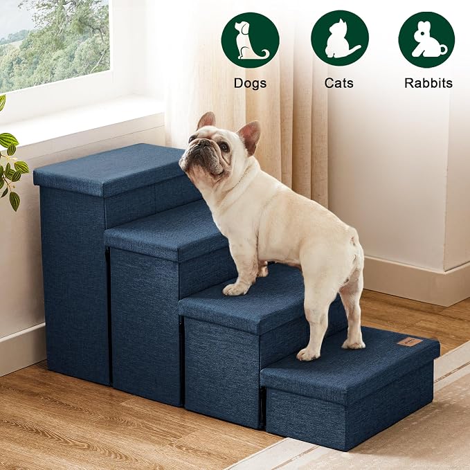 Love's cabin Dog Stairs for High Bed, Foldable Pet Stairs for Small Medium or Large Dogs Puppy with Storage for Bed or Couch, Cat Dog Steps Ramp with Zip up to 200 lbs, Navy Blue, 4 Steps