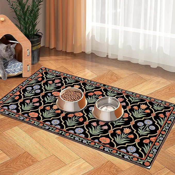 Pet Feeding Mat 30 x 17 Inch, Black Floral Pet Placemat Absorbent Quick-Dry for Food and Water, Waterproof Non Slip Rubber Bowl Pad Mat for Floors