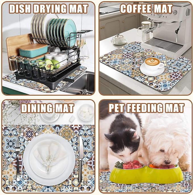 Retro Colorful Tiles Dish Drying Mat for Kitchen Counter Floral Coffee Mat Hide Stain Absorbent Drying Rack Pad with Rubber Backed Espresso Machine Coffee Bar Accessories 11.8 x 19.7 Inch