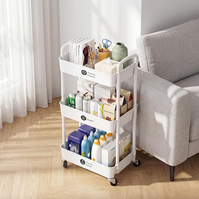 Laiensia 3-Tier Rolling Cart with Wheels,Multifunction Utility Storage Carts, Kitchen Storage Organizer,Mobile Shelving Unit for Bathroom,Laundry,with Classified Stickers,White (Pack of 2)