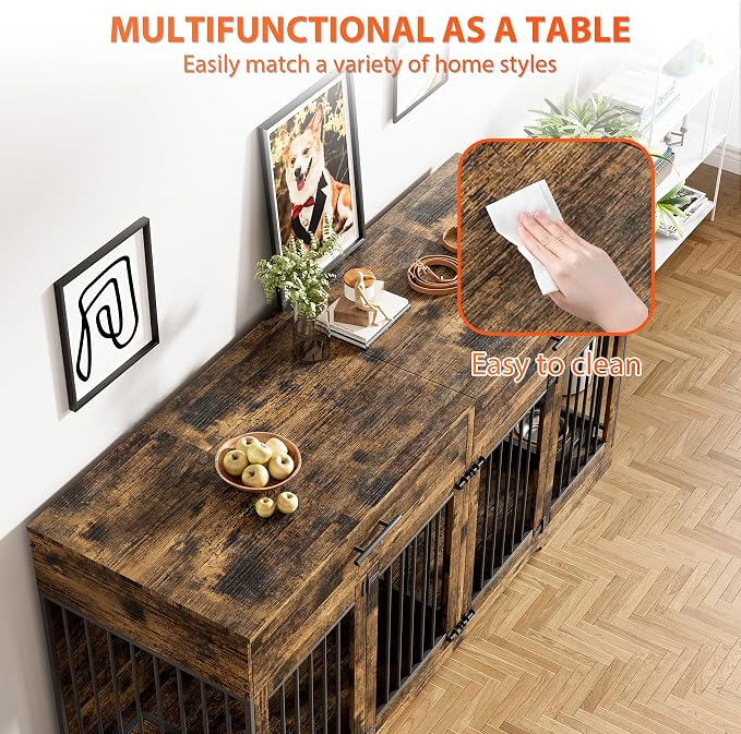 Rophefx 72" Double Dog Crate Furniture with Drawers and Divider, Brown | Wooden dog kennel for 2 medium dogs with 2 drawers, removable divider, 4 bowls and TV stand top