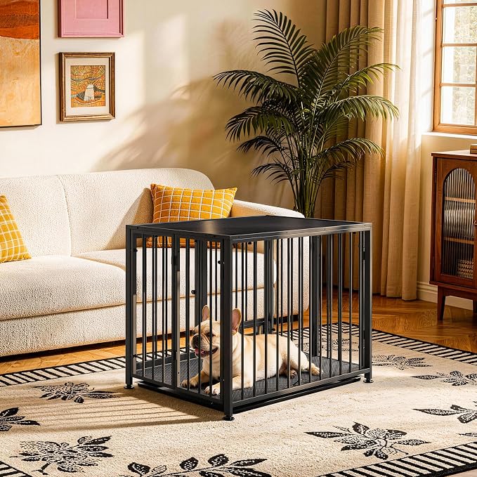 Heavy Duty Dog Crate for Small Dogs, 3 in 1 32.7" Foldable Collapsible Dog Kennel & Playpen with Lockable Wheels & Feeding Bowls, Escape-Proof Metal Dog Cage for Indoor Outdoor Use, Black