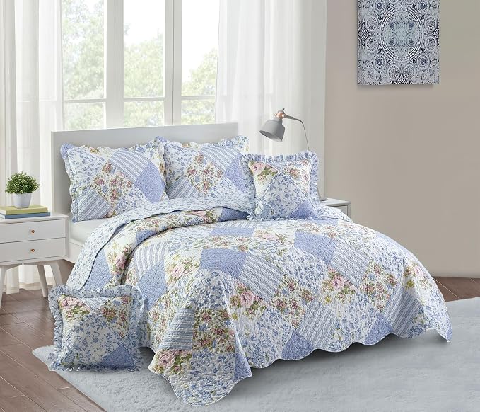 Brilliant Sunshine Blue Roses Ruffle Pillowshams Set, 18"x18" | Patchwork Design with Ruffles, Quilted Pillow Covers, Washable Throw Cushion Cases for Couchs and Beds, Pack of 2