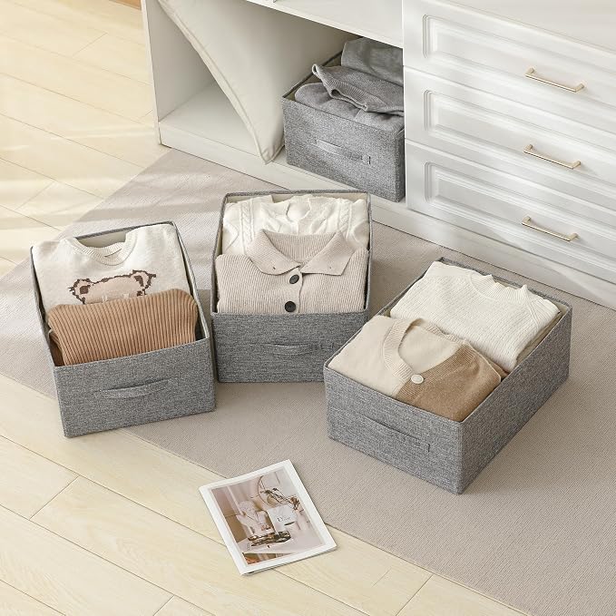 Linen Folding Storage Bins, 3 Pack Large Storage Baskets, Washable, Clothing Storage Bins with Handle, Closet Organizer for Storage Sweater,Sheets(dark grey, 18½"x13½x8½)