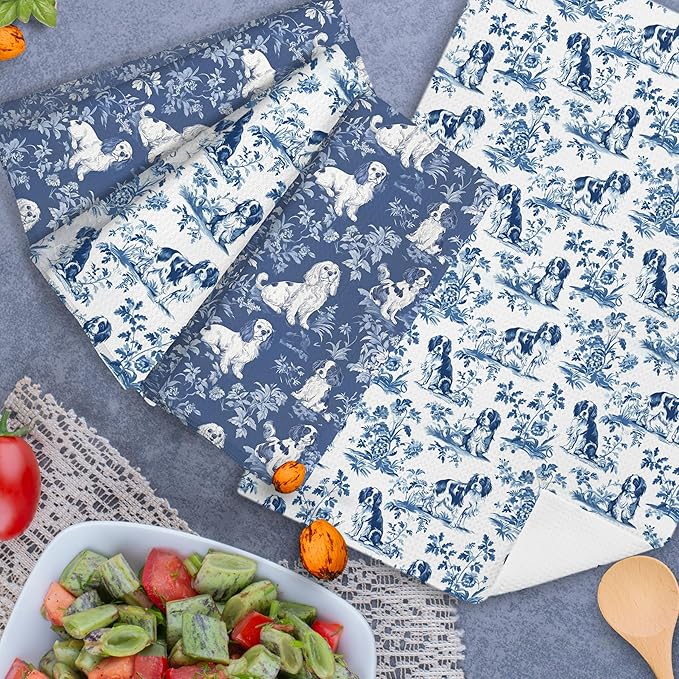 Chinoiserie Cavalier King Charles Spaniel Kitchen Towels Set of 4, Blue and White Floral Dog Decorative Dog Dish Tea Towels,Grandmillennial Hand Towels for Kitchen Bathroom, 16x24 Inch