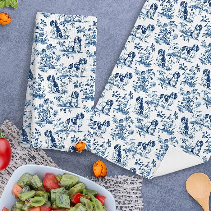 Chinoiserie Cavalier King Charles Spaniel Kitchen Towels Set of 2, Blue and White Floral Cavalier Spaniel Decor, Grandmillennial Dog Hand Towels for Kitchen Bathroom, 16x24 Inch