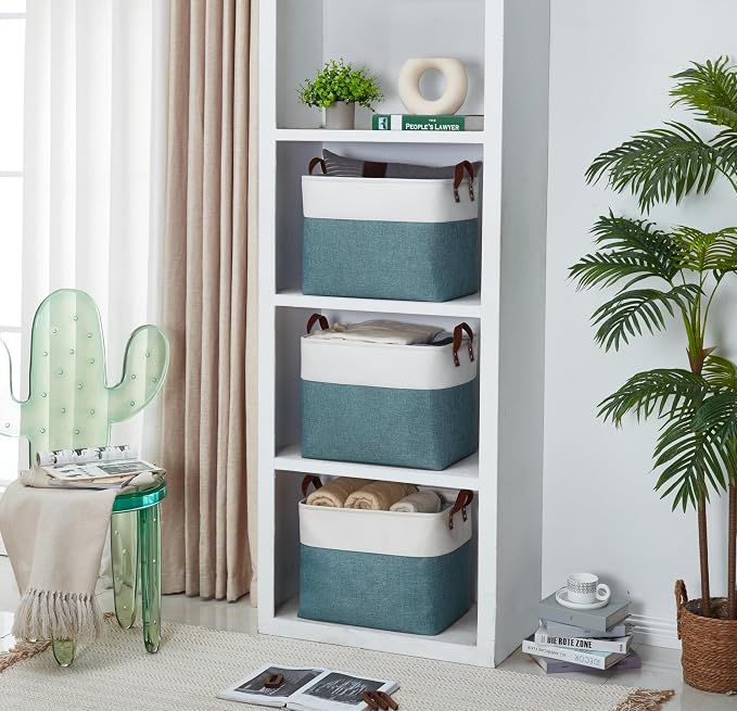 DECOMOMO Fabric Storage Bins, Extra Large Storage Baskets with Handles | 3 Pack Storage Baskets for Shelves, Laundry, Toys, Nursery (Green & White)