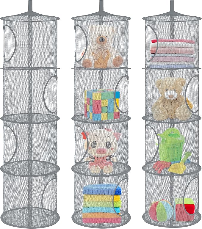 3Pcs Hanging Stuffed Animal Storage Hammock Net 4 Tiers, Grey | Hanging Mesh Storage Organizer for Kids Room, Holds Plushies, Gloves, Hats, Socks, Foldable Space-saving Design