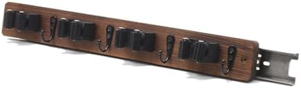 Left Pull Out Broom Holder Wall Mount, Broom and Mop Organizer Wall Hanging for Garage Garden Organize, Rustic Wood Broom Hanger with 4 Slots and 4 Hooks for Home Décor, Kitchen and Closet