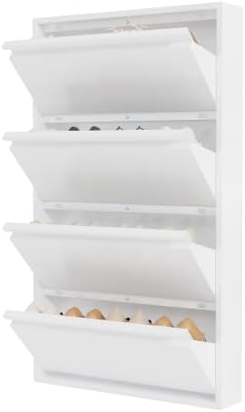 Garvee Slim Metal Shoe Cabinet with 4 Flip Drawers for Entryway, White | Narrow Shoe Storage, Wall Mounted or Floor Standing, Detachable Bottom Corners for Flexible Placement, Anti-Tip Wall Mount