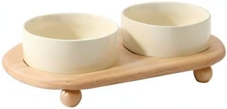 Havniva Ceramic Elevated Cat Food and Water Bowl, Kitty Bowl, Raised Cat Dish, Pet Feeder (5.1 in, 2 xLight Yellow + Stand)