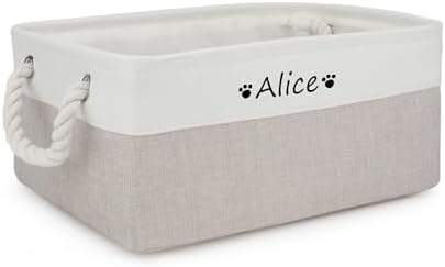 Dog Toy Basket,Dog Toy Bin Box with Comfortable Handles,Personalized Collapsible Large Pet Toy Storage Custom Name for Accessories,Toys,Clothing, Blanket & Leash（white light gray,L）